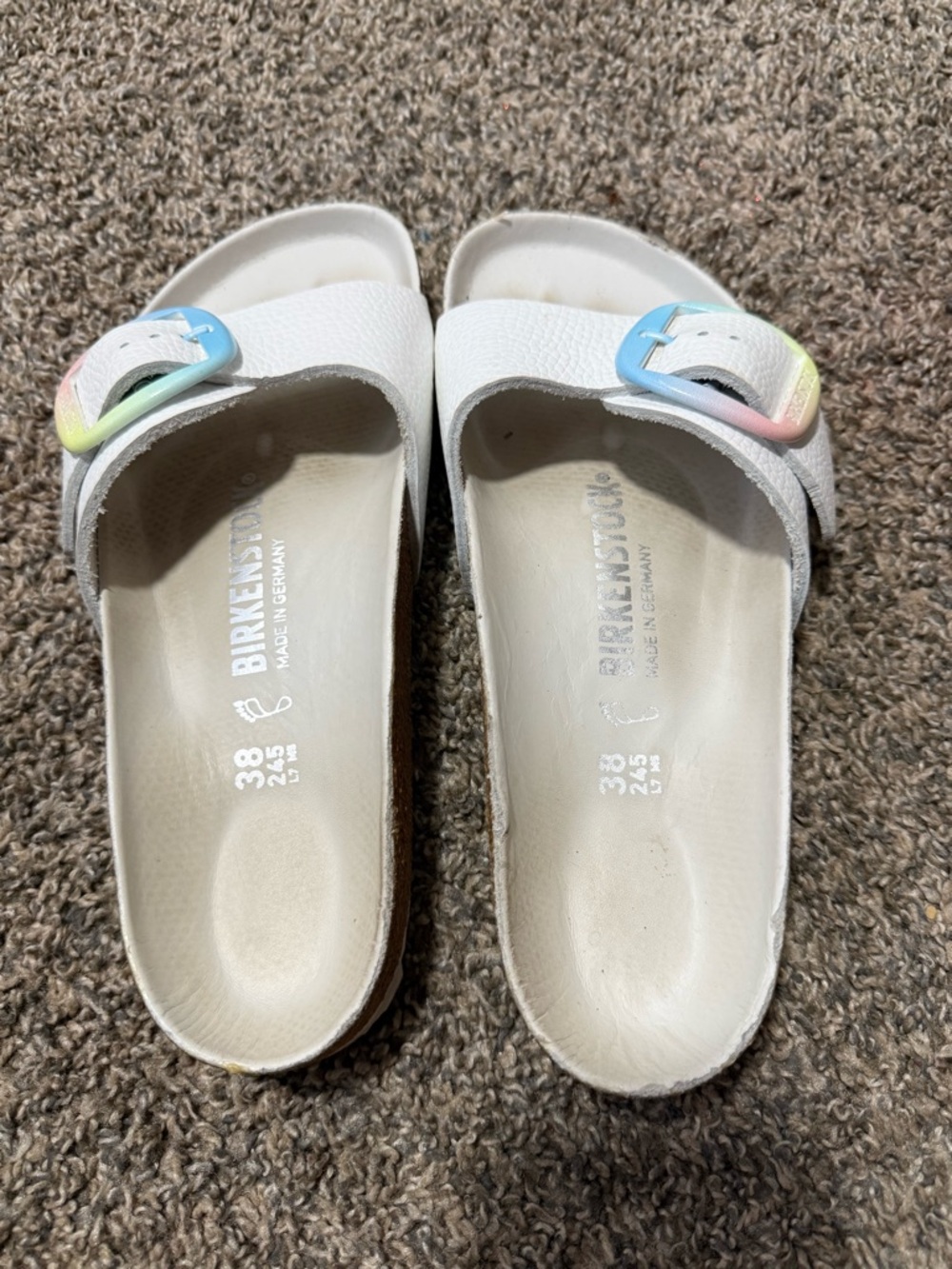 Birkenstock White Slide Sandals with Pastel Ombre Buckles - Picture 3 of 6